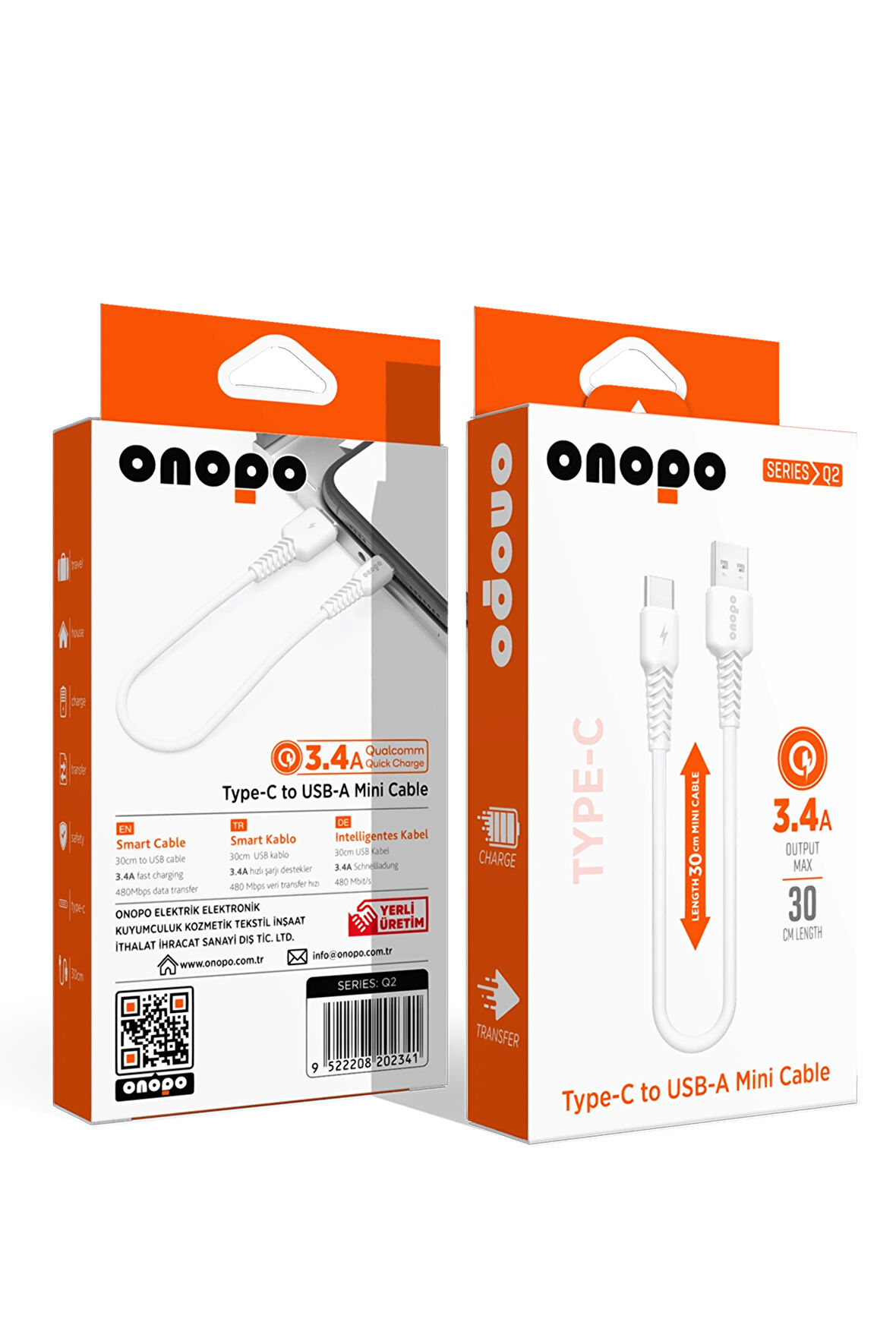 onopo Android Xiaomi Ve Samsung Uyumlu Type-C To USB Mini Kablo 3.4A Hızlı Şarj ve Data Kablosu 30cm- Q2
