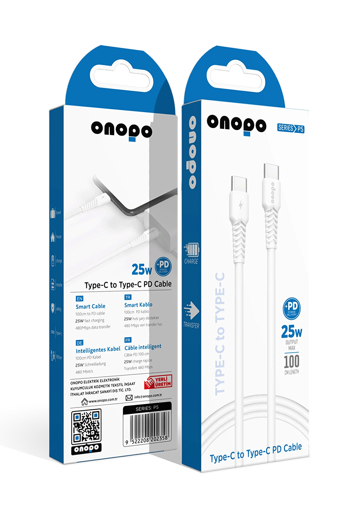 onopo Android Xiaomi Ve Samsung Uyumlu Type-C To Type-C Pd 25W Hızlı Şarj ve Data Kablosu 100CM - P5