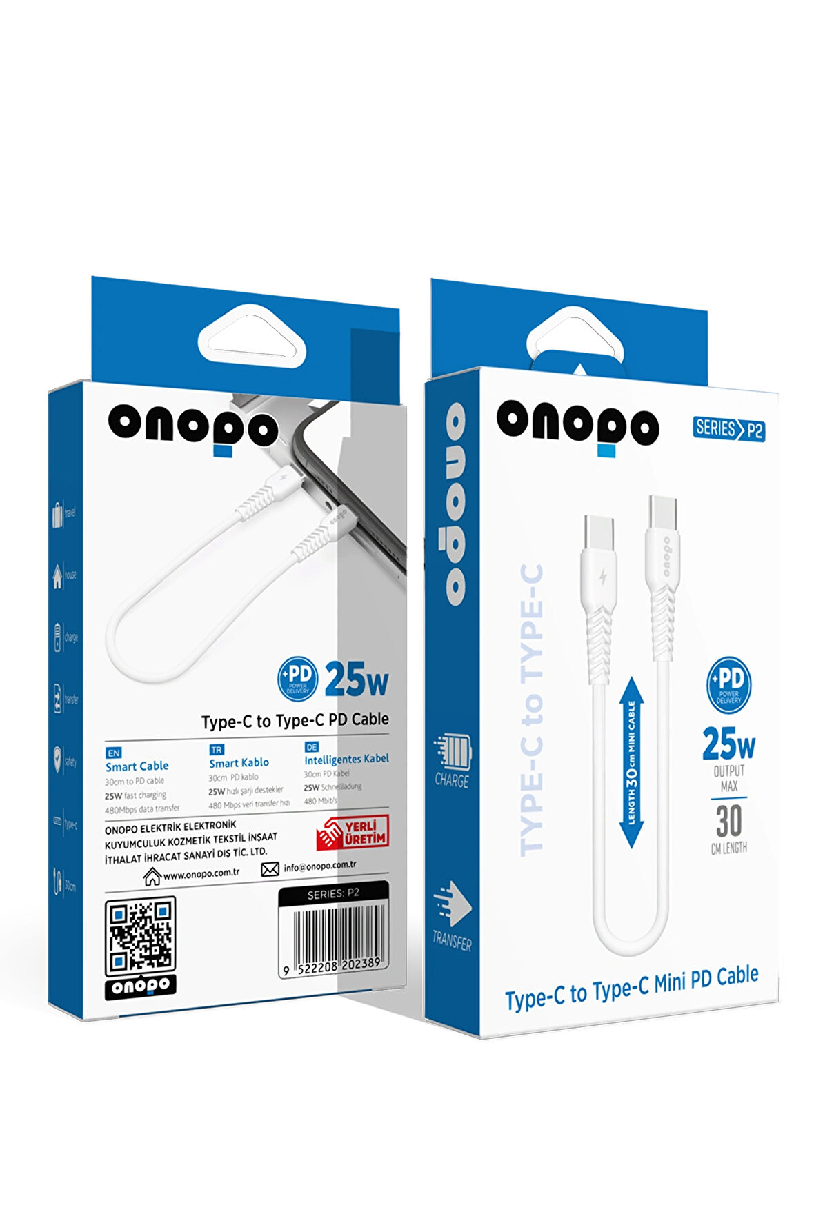 onopo Android Xiaomi Ve Samsung Uyumlu Type-C To Type-C Mini Pd 25W Hızlı Şarj ve Data Kablosu 30CM - P2