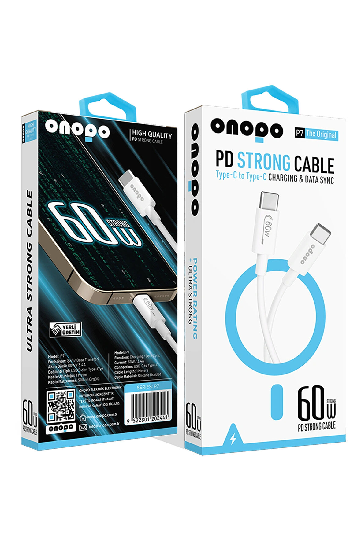 onopo Android Xiaomi Ve Samsung Uyumlu 60W PD Type-C to Type-C Hızlı Şarj ve Data Kablosu 1 Metre - P7