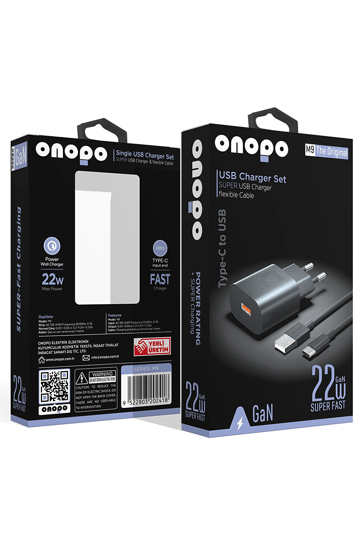onopo 22w Usb Hızlı Şarj Aleti Seti Esnek Type-c Kablo - M9