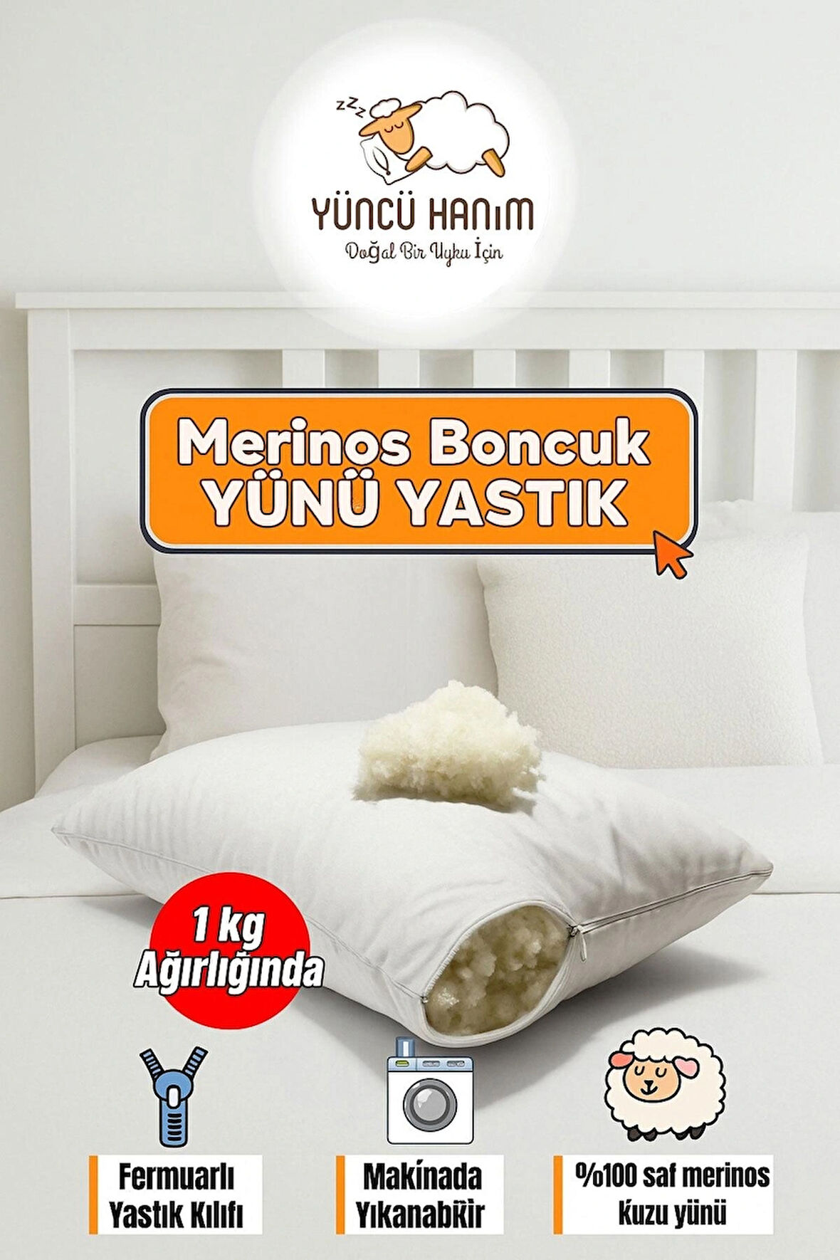  %100 Doğal Merinos Boncuk Kuzu Yünü Dolgulu Yastık 50 X 70 Cm Ebat 1000 gram