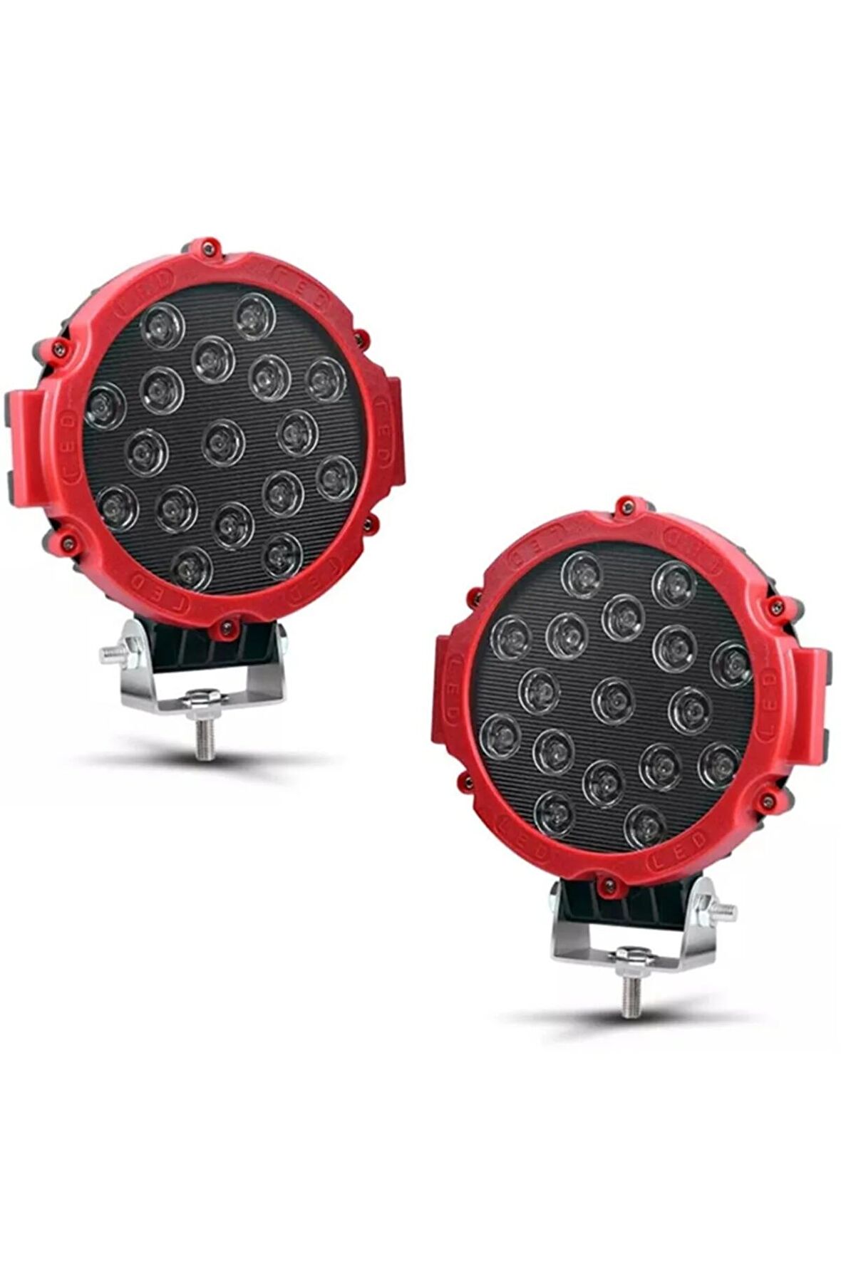 Off Road Projektör Metal Kapak Beyaz Işık 17 Led Yuvarlak 18 Cm Kırmızı Çerçeve 2 Adet