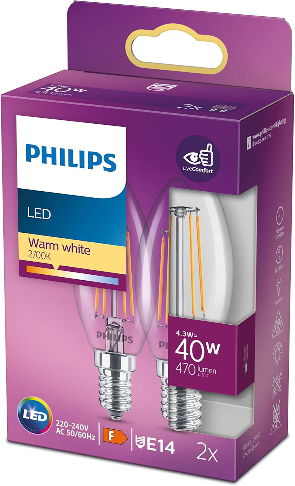 LED Classic 40W B35 Led Mum Filament Ampul, 2700K Sarı Işık, E14 İnce Duy, Dim Edilmez, 2'li Ekopaket