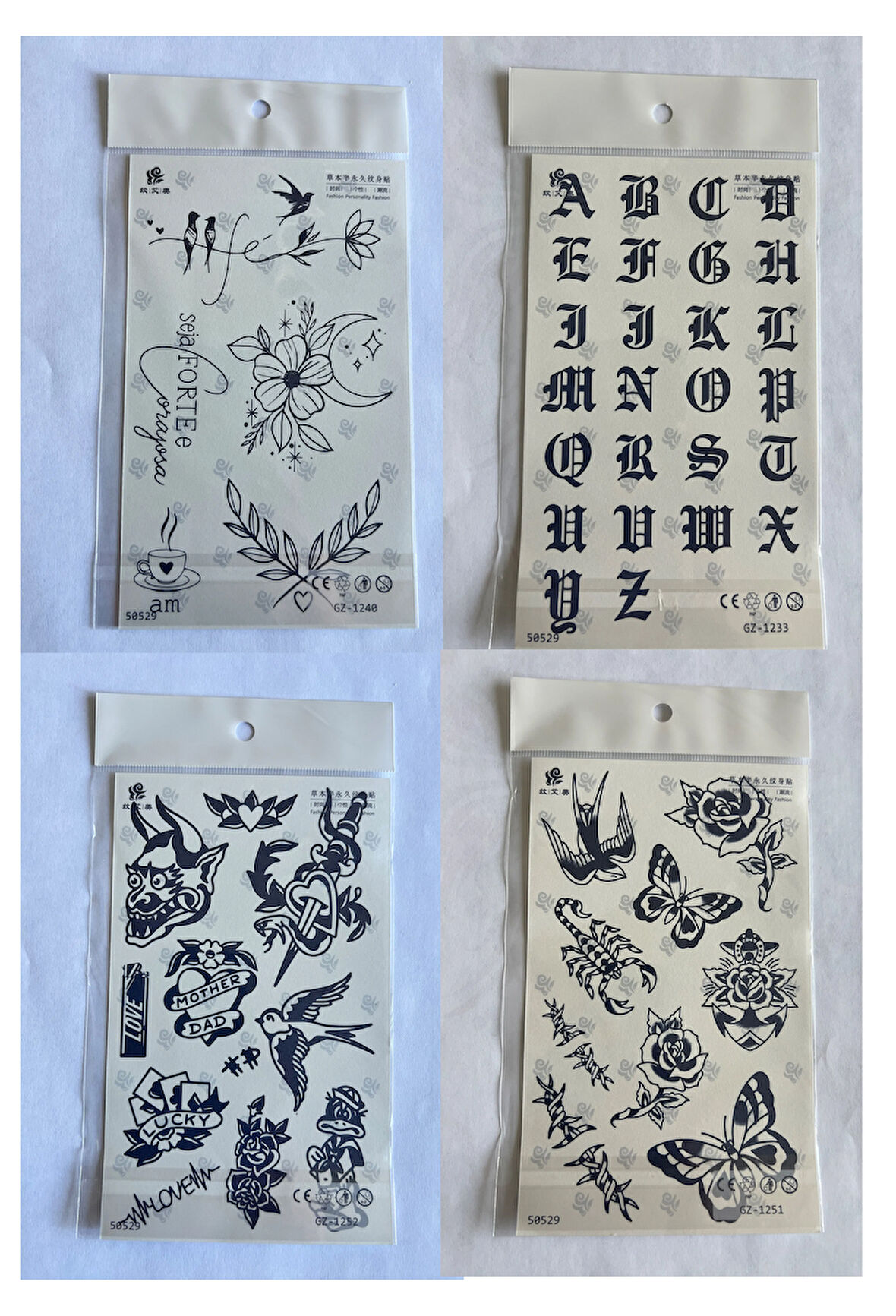 Harfler 4 adet Birden 3 hafta Kalıcı  Geçici yapıştırma Dövme 18x11 cm