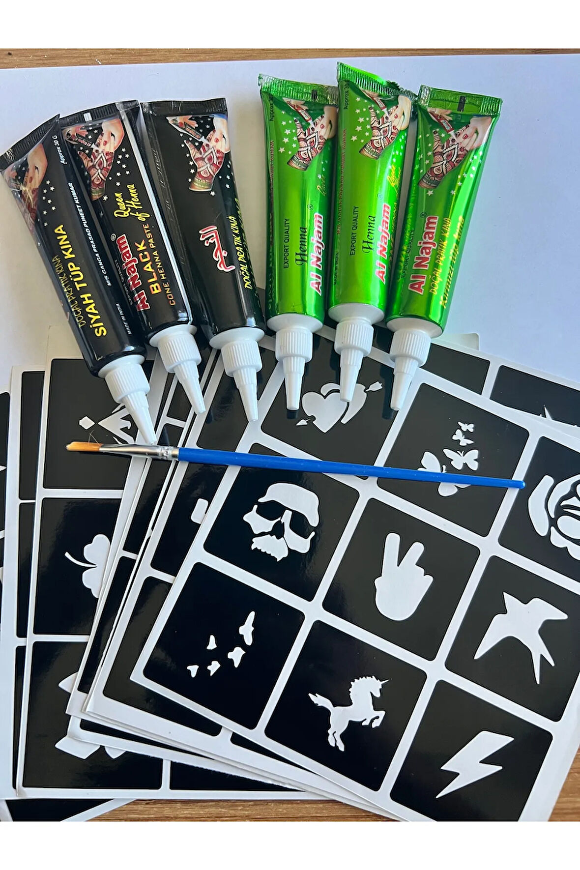 3 siyah 3 Kırmızı Kına 81 model kalıp Hediyeli Geçici Dövme Kına Seti