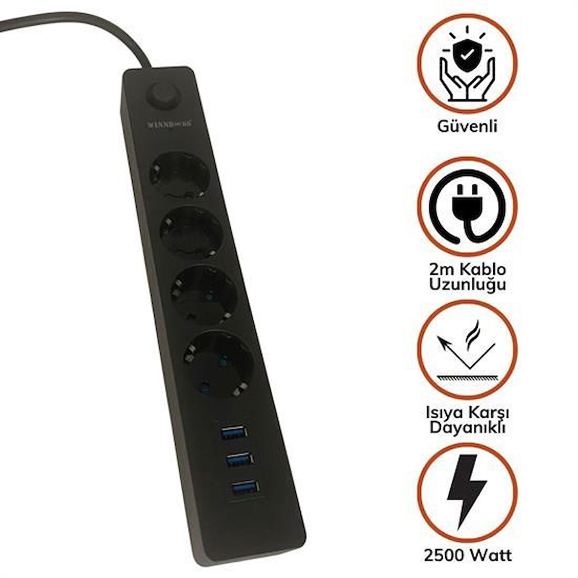 CT-STONES® Termak Akım Korumalı 4 Priz 3 USB Girişli Uzatma Kablosu Güç&Şarj
