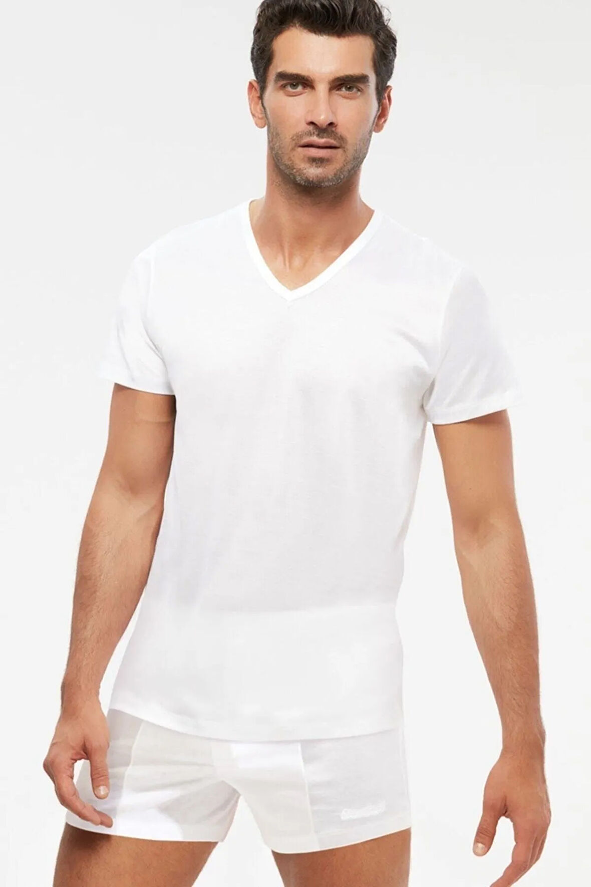Erkek Beyaz Penye Merserize Kısa Kol V-yaka T-shirt