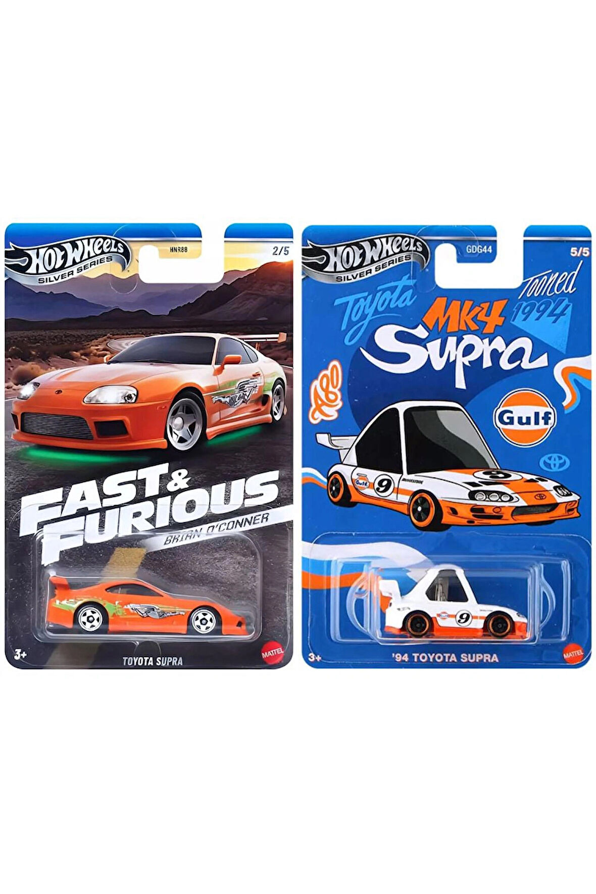 2 Araç Toyota Supra Set - Brian O'conner Toyota Supra - Turuncu & 94 Toyota Supra Gulf Tooned (1/64)