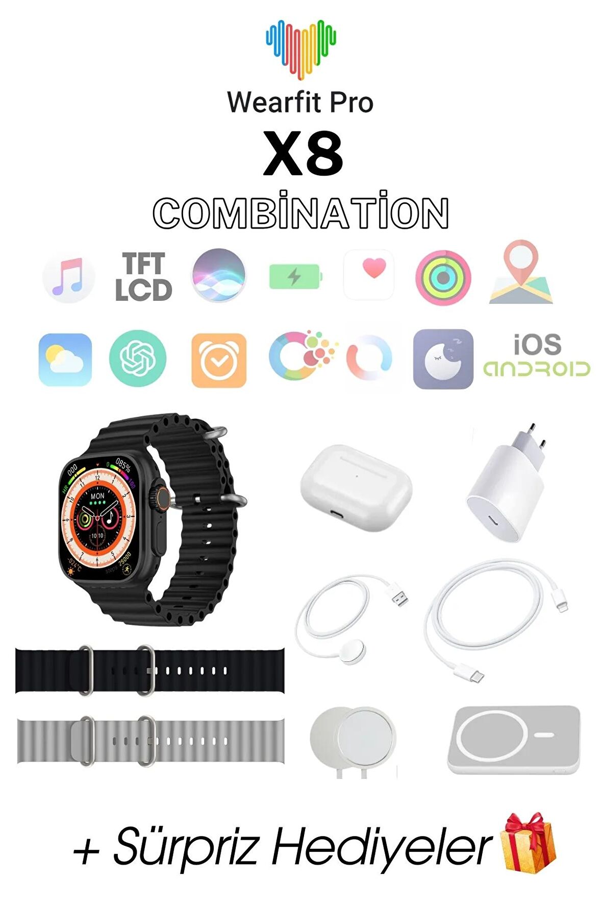 WEARFİT X8 COMBİNATİON Akıllı Kol Saati Smart Watch Model:inç 49mm TFT Ekran (SİYAH)