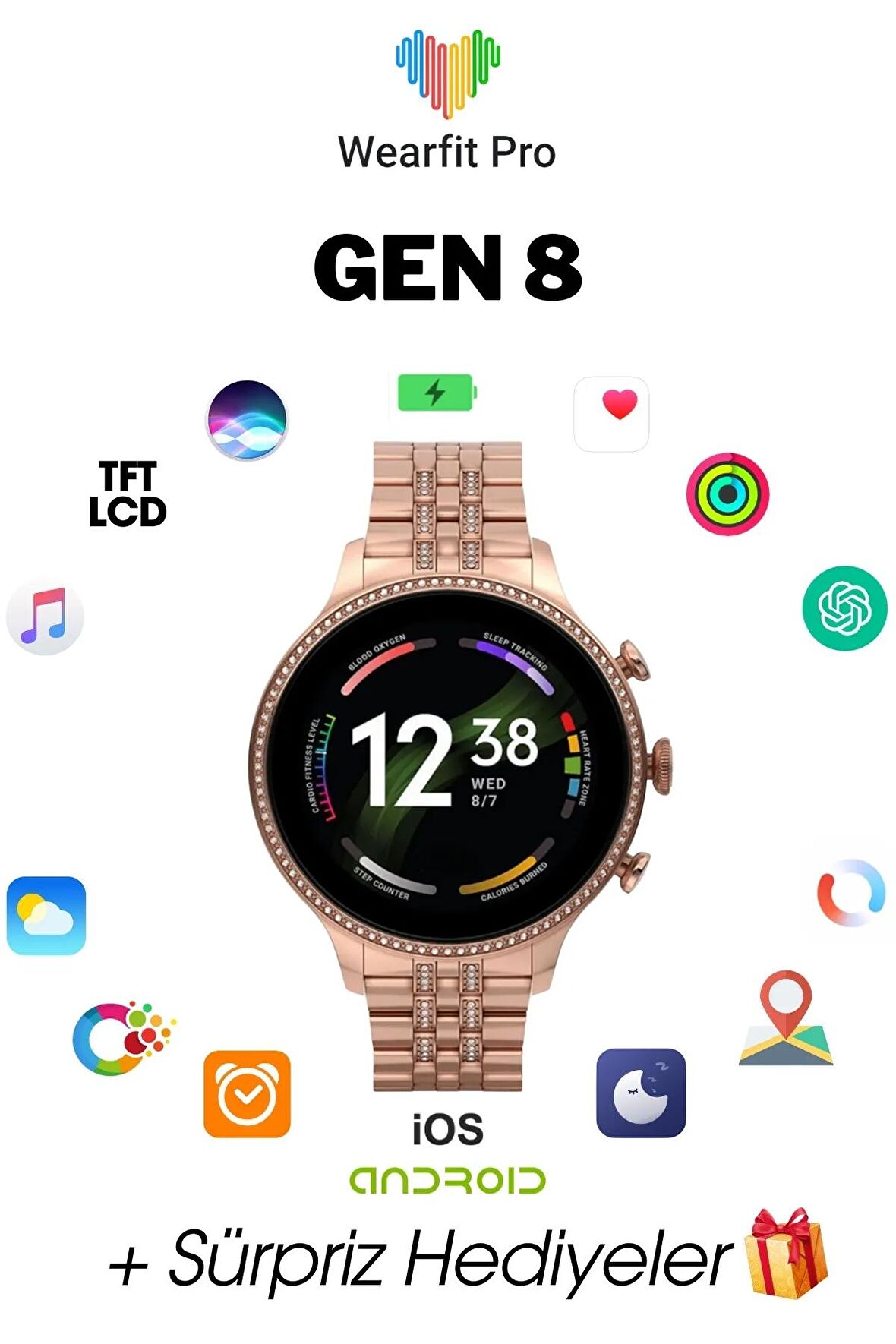 WEARFİT GEN 8  Akıllı Kol Saati  Yuvarlak Model 1.43inç 37mm TFT Ekran (ROSE GOLD)