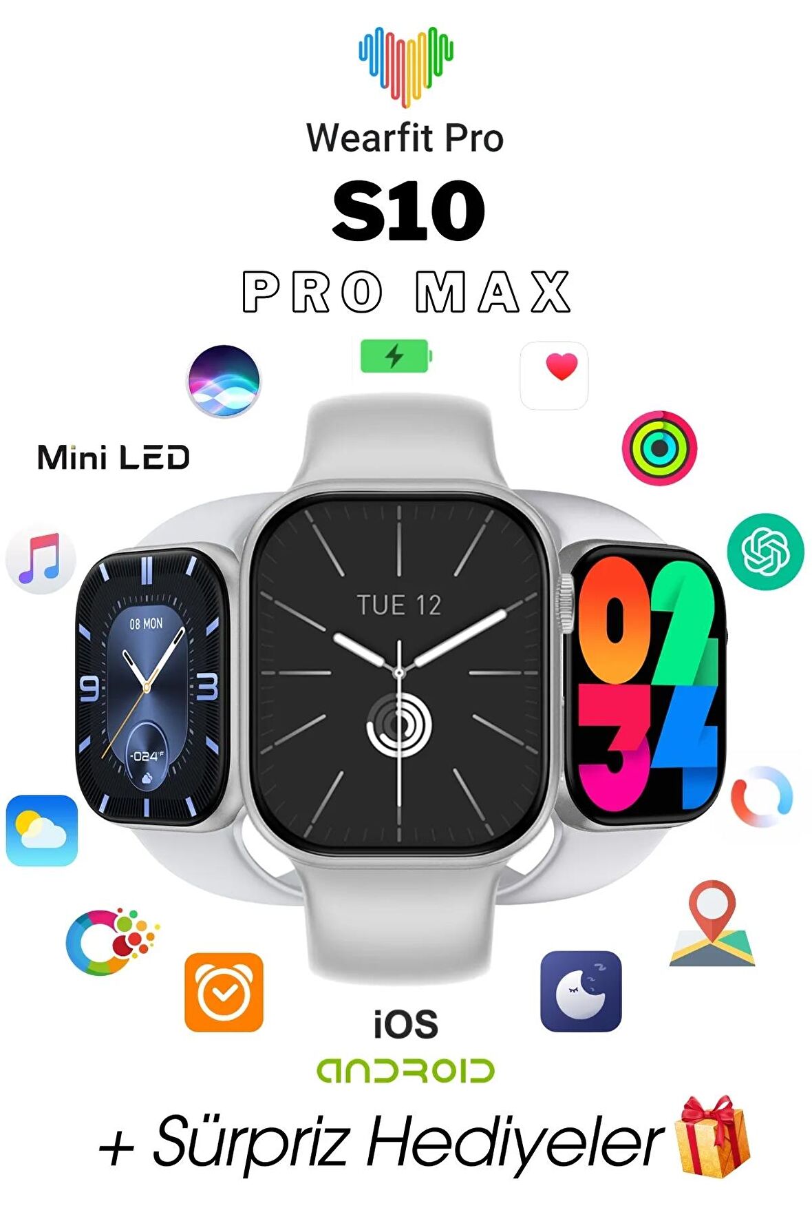 WEARFİT S10 PRO MAX 7 KORDONLU  Akıllı Kol Saati Smart Watch MİNİLED Ekran (GRİ) 45mm