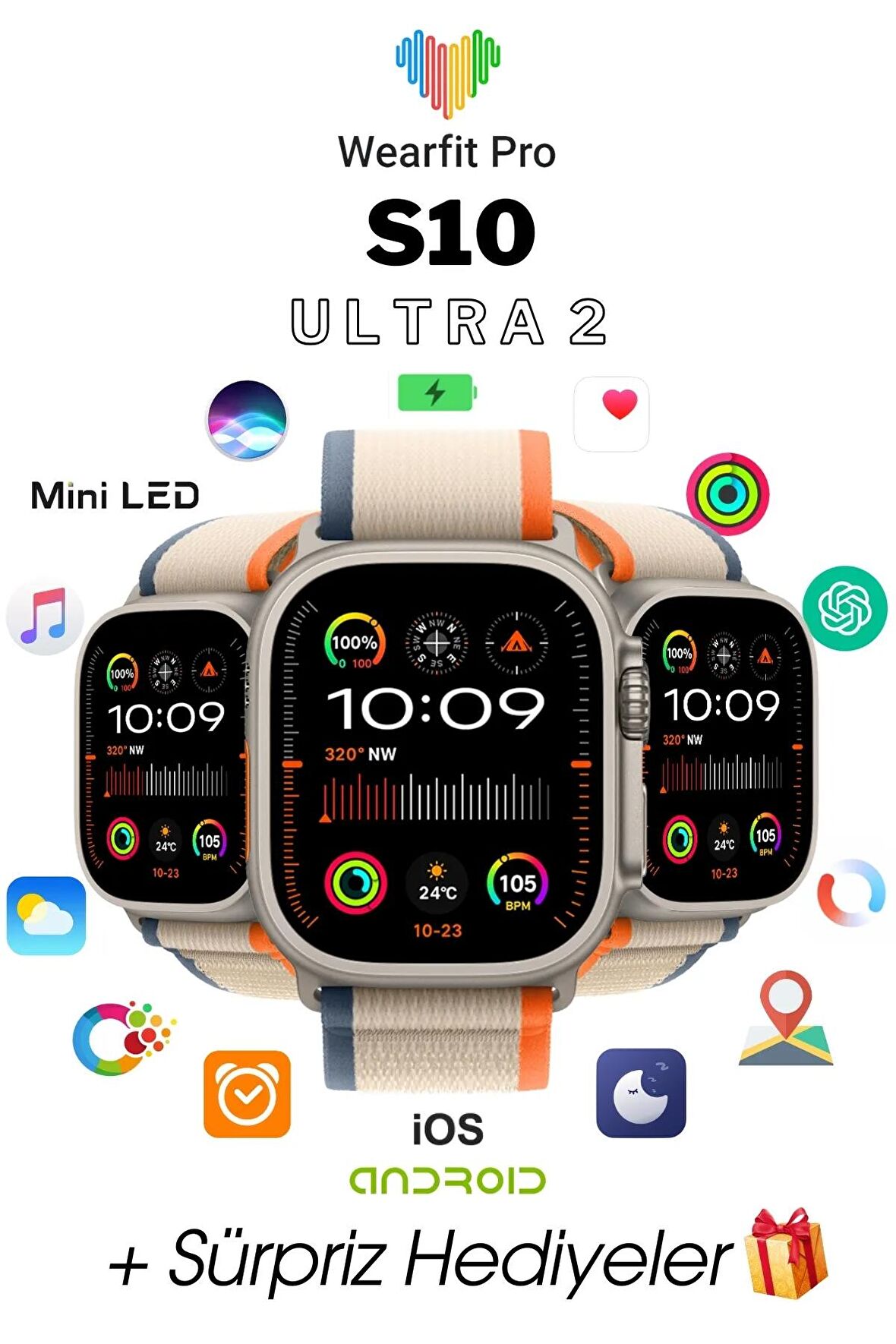 WEARFİT S10 ULTRA 2 7 KORDONLU  Akıllı Kol Saati Smart Watch MİNİLED Ekran (GRİ) 49mm