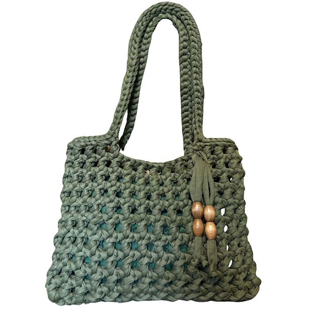 Uretti - Emine 9106 El Örgüsü Ahşap Boncuk Detaylı Penye Kumaş Omuz Çantası - 27 x 21