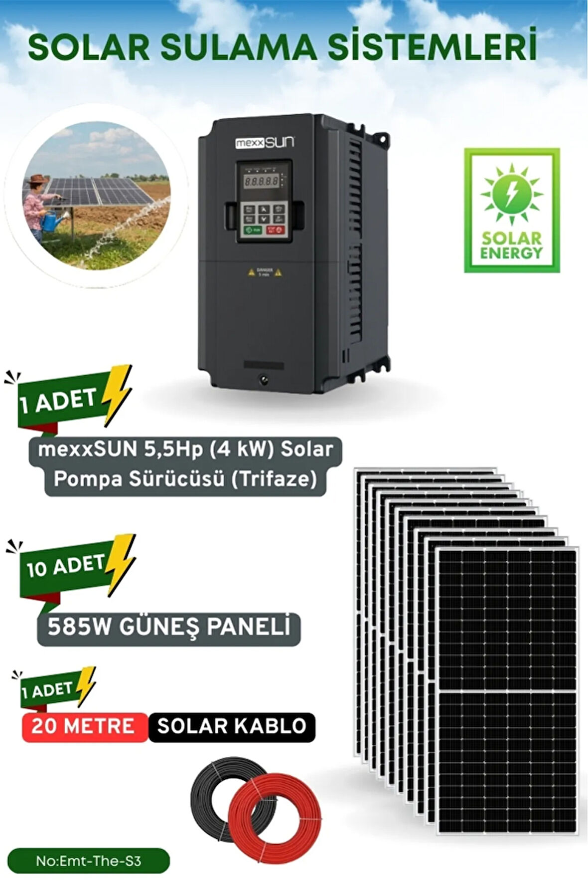 SOLAR GÜNEŞ ENERJİ SULAMA SİSTEMİ MEXSUNN 5.5 HP 4KW TRİFAZE SOLAR POMPA SÜRÜCÜSÜ 585 W Güneş Paneli