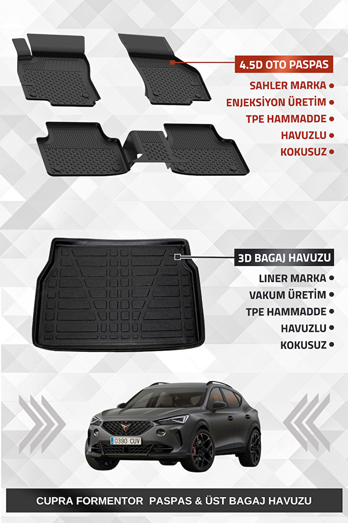 Sahler Cupra Formentor 2020-2024 Uyumlu 4.5D Premium Havuzlu Oto Paspas ve Liner Marka 3D ÜST Bagaj Havuzu