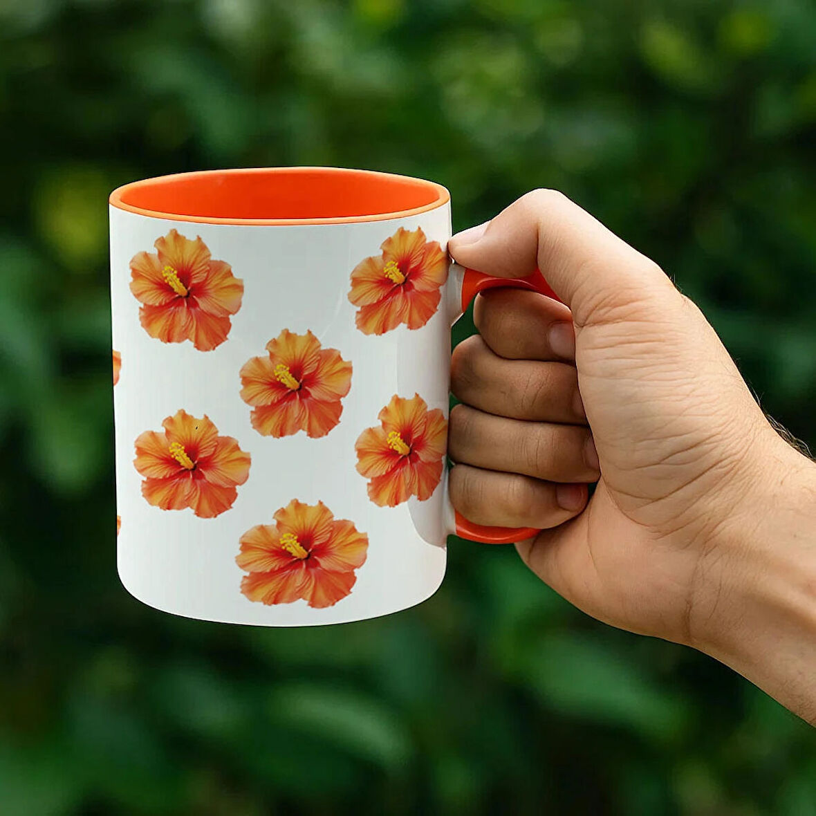 Çiçek Desenli Turuncu Kupa Bardak