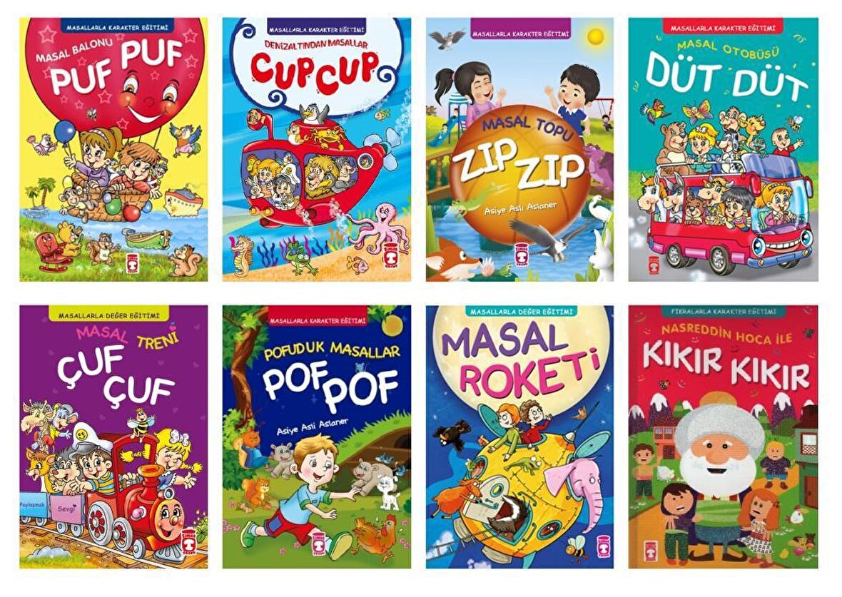 Timaş Masallarla Karakter Eğitimi Değer Eğitimi Seti 8 Kitap Ciltli ( Puf Puf-Cup Cup-Zıp Zıp-Çuf Çuf-Pof Pof-Düt Düt-Masal Roketi-Kıkır Kıkır)