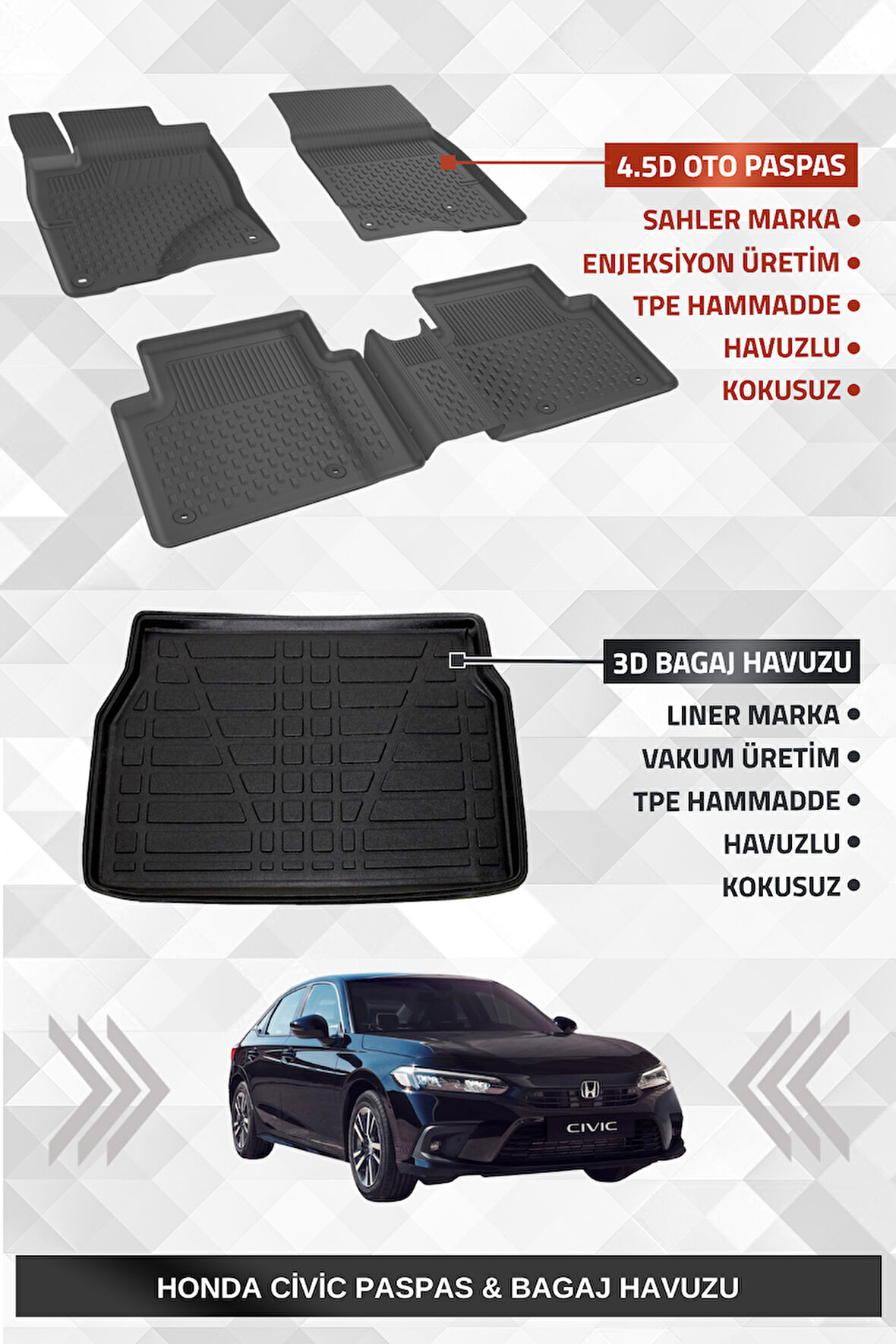 Sahler Honda Civic 2021+ Uyumlu 4.5D Premium Havuzlu Oto Paspas ve Liner Marka 3D Bagaj Havuzu - Civic FE1 