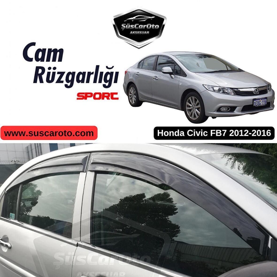 Honda Civic FB7 2012-2016 Uyumlu Mugen Cam Rüzgarlığı Seti Piano Black 4'lü İthal