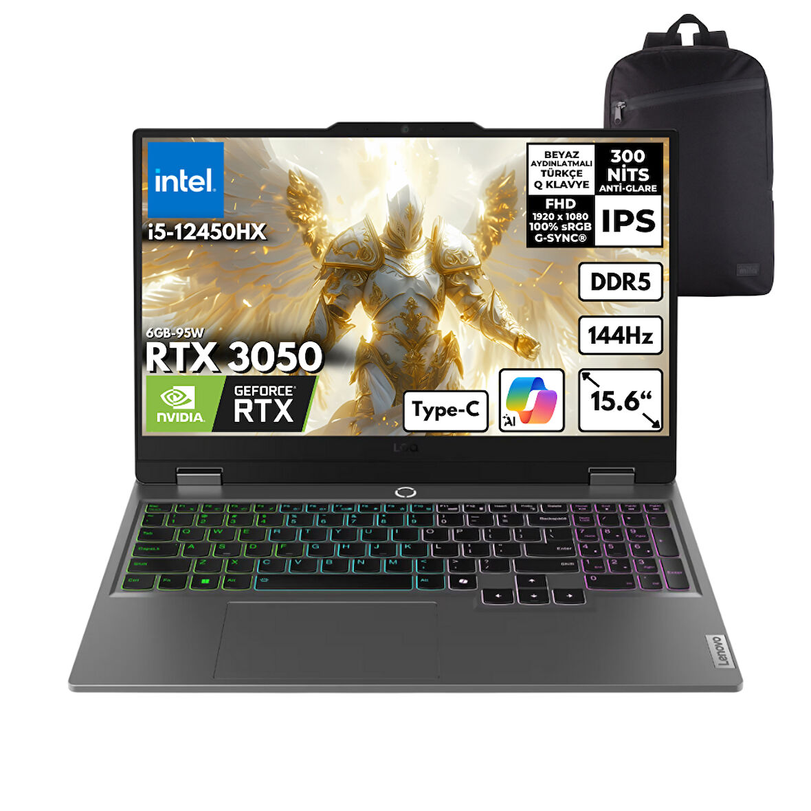 Lenovo LOQ i5-12450HX 32-GBDDR5 1 TBSSD RTX3050 (6GB-95W) 15.6" 144Hz Freedos + HMF Sırt Çantası 83GS00Q8TRHMF2