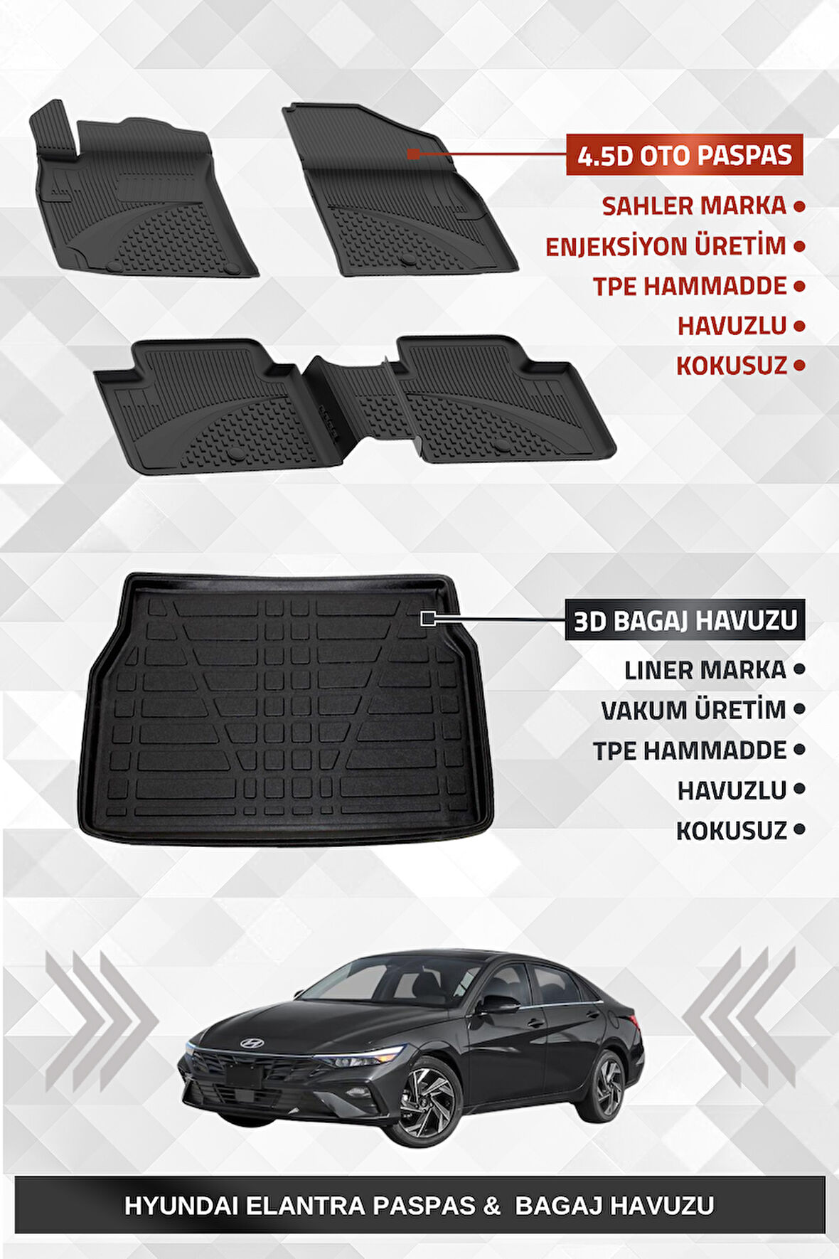 Sahler Hyundai Elantra 2021+ Uyumlu 4.5D Premium Havuzlu Oto Paspas ve Liner Marka 3D Bagaj Havuzu