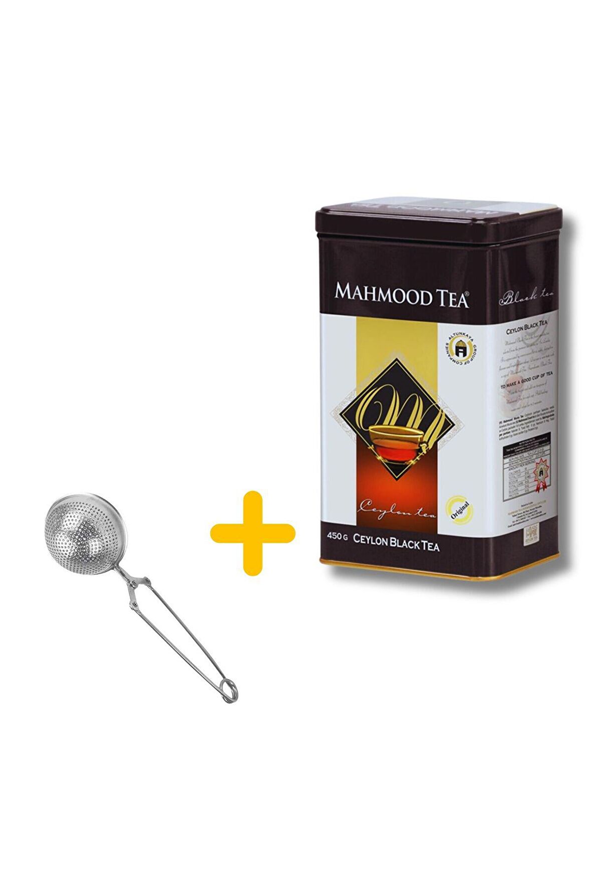 Mahmood Tea Seylan Siyah Dökme Çay Teneke Kutu 450 gr ve Küre Tasarımlı Silver Çay Süzgeci Bundle