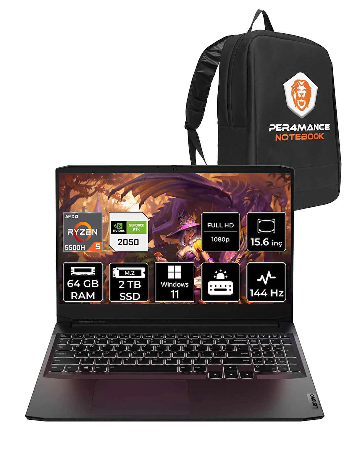 Lenovo IdeaPad 3 R5 5500H 64GB 2TB SSD RTX2050/4GB 144Hz 15.6'' W11H Gaming Laptop & PER4 ÇANTA