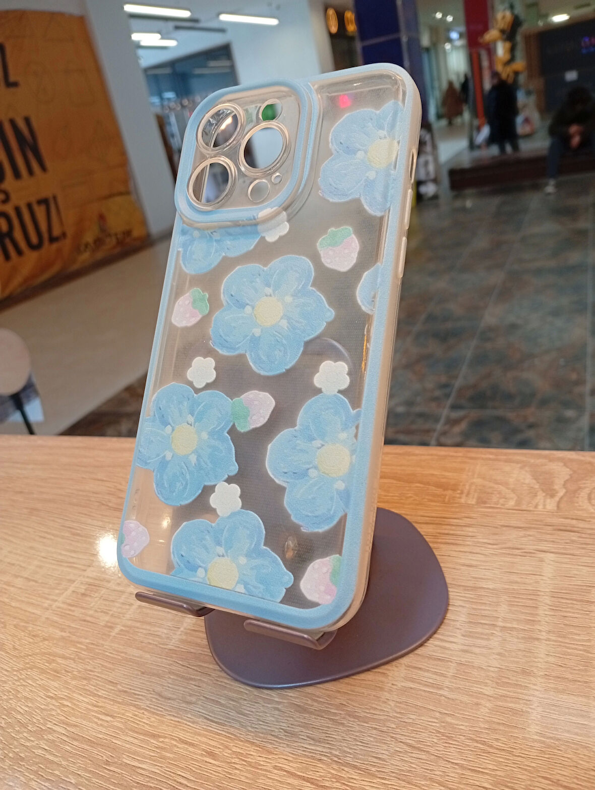İPhone 14 Pro Max Uyumlu Mavi Papatya Kılıf Şeffaf Kamera Korumalı Kapak