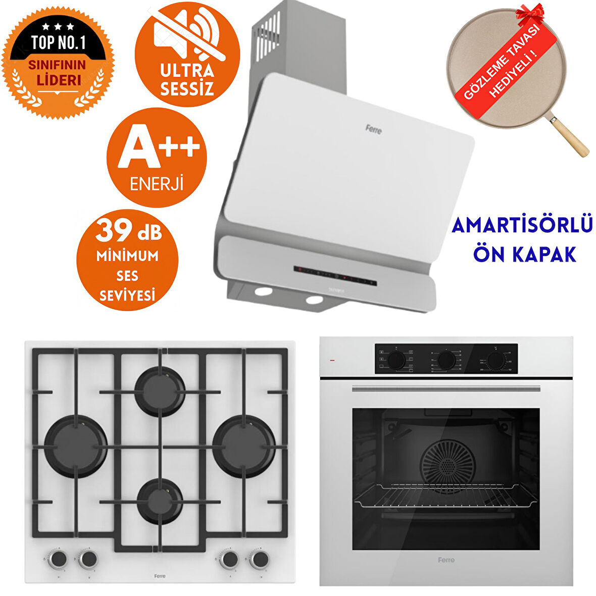 Ferre SilenArt Lesto Yeni Seri  Ultra Sessiz Beyaz  Ankastre Set ( D081-SA + LN386  + QBL62CB )