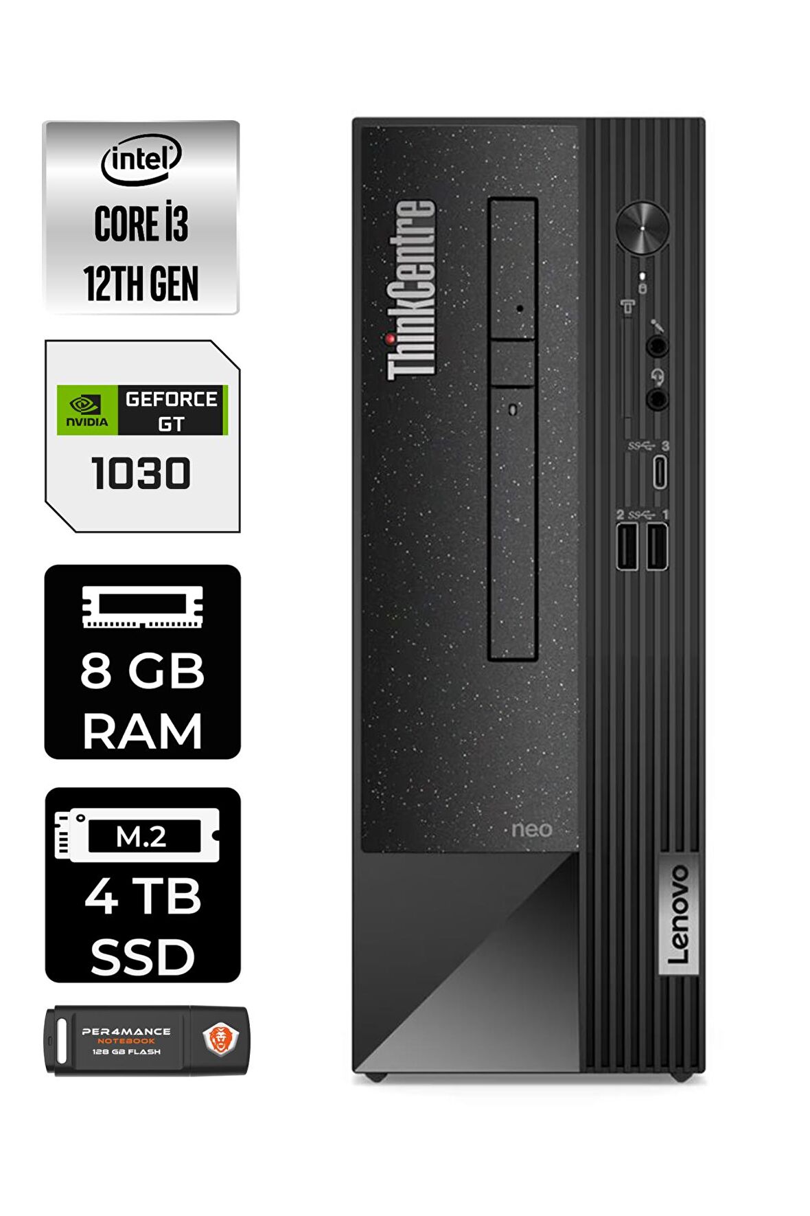 Lenovo NEO 50S i3 12100 8GB RAM 4TB SSD GT1030/4GB FDOS 11SX002VTX MASAÜSTÜ PC & PER4 BELLEK