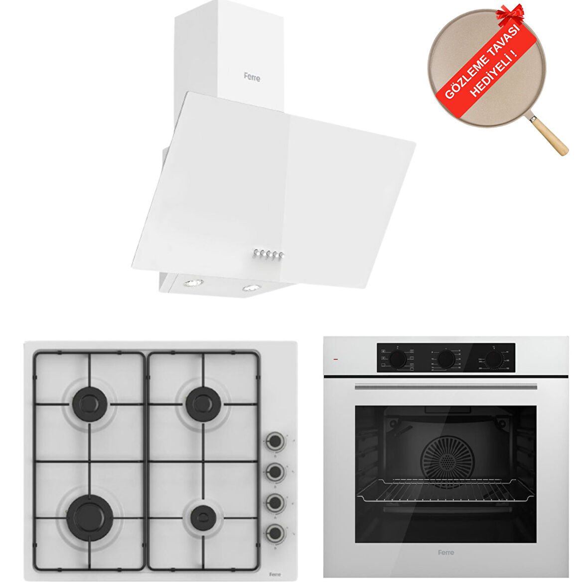 Ferre FlowArt Dolce  Beyaz  Ankastre Set   ( D087 + EL066 EMAYE OCAK  + QBL62CB )