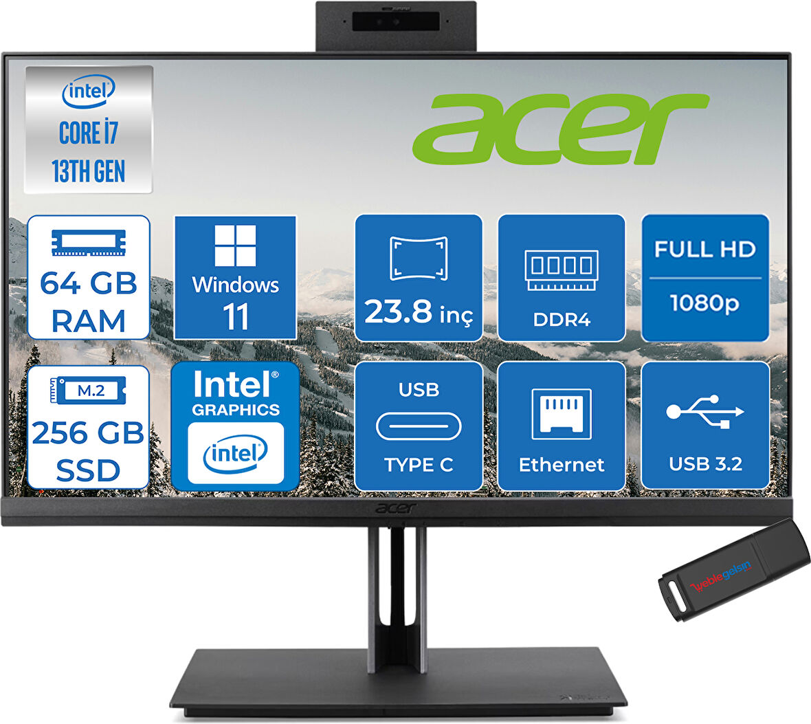 Acer Veriton 4000 VZ4714GT Intel Core I7 13700 64GB Ram 256GB SSD Windows 11 Home UHD Graphics 23.8" Yükseklik Ayarı, Pivot, Vesa Desteği Fullhd All In One Bilgisayar DQR03EM00GH31 + Zetta Flash Bellek