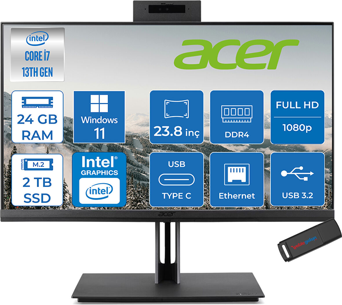 Acer Veriton 4000 VZ4714GT Intel Core I7 13700 24GB Ram 2tb SSD Windows 11 Pro UHD Graphics 23.8" Yükseklik Ayarı, Pivot, Vesa Desteği Fullhd All In One Bilgisayar DQR03EM00GP14 + Zetta Flash Bellek
