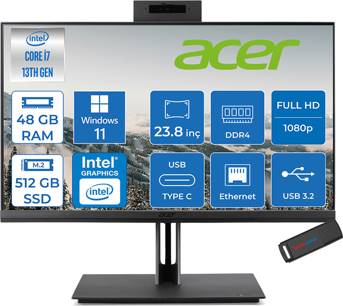 Acer Veriton 4000 VZ4714GT Intel Core I7 13700 48GB Ram 512GB SSD Windows 11 Pro UHD Graphics 23.8" Yükseklik Ayarı, Pivot, Vesa Desteği Fullhd All In One Bilgisayar DQR03EM00GP27 + Zetta Flash Bellek