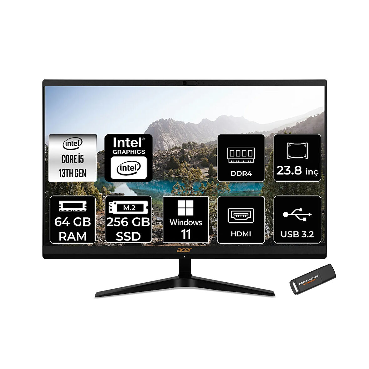 Acer Aspire C24-1800 i5 1335U 64GB 256GB SSD Intel Graphics 23.8" FHD W11P All In One PC Siyah & PER