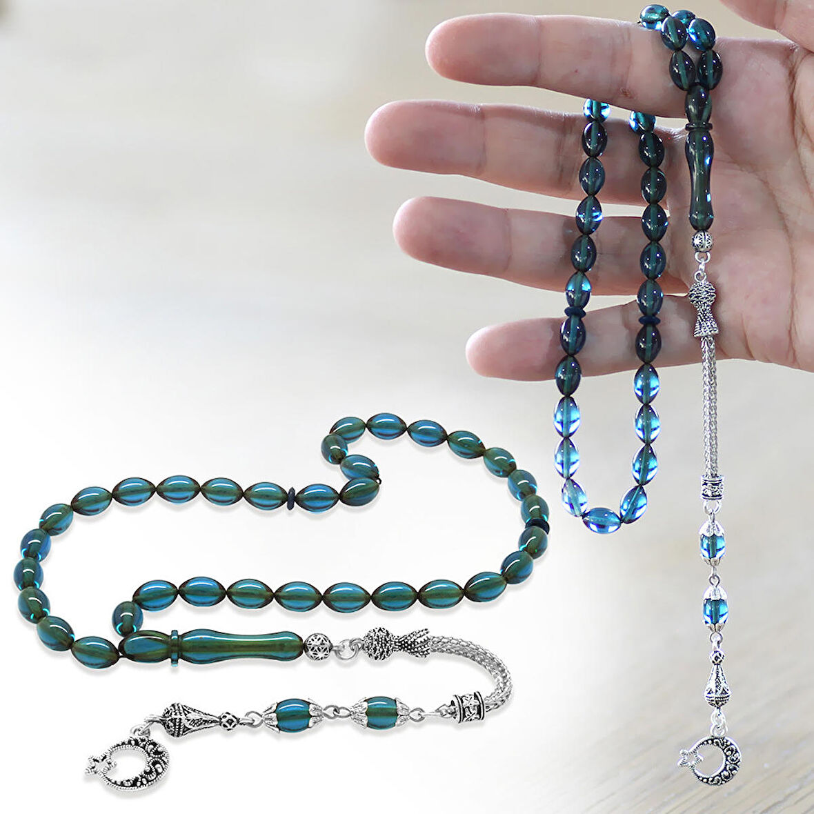 Ayyıldız Kararmaz Metal Püsküllü Arpa Kesim Turkuaz Ateş Kehribar Tesbih