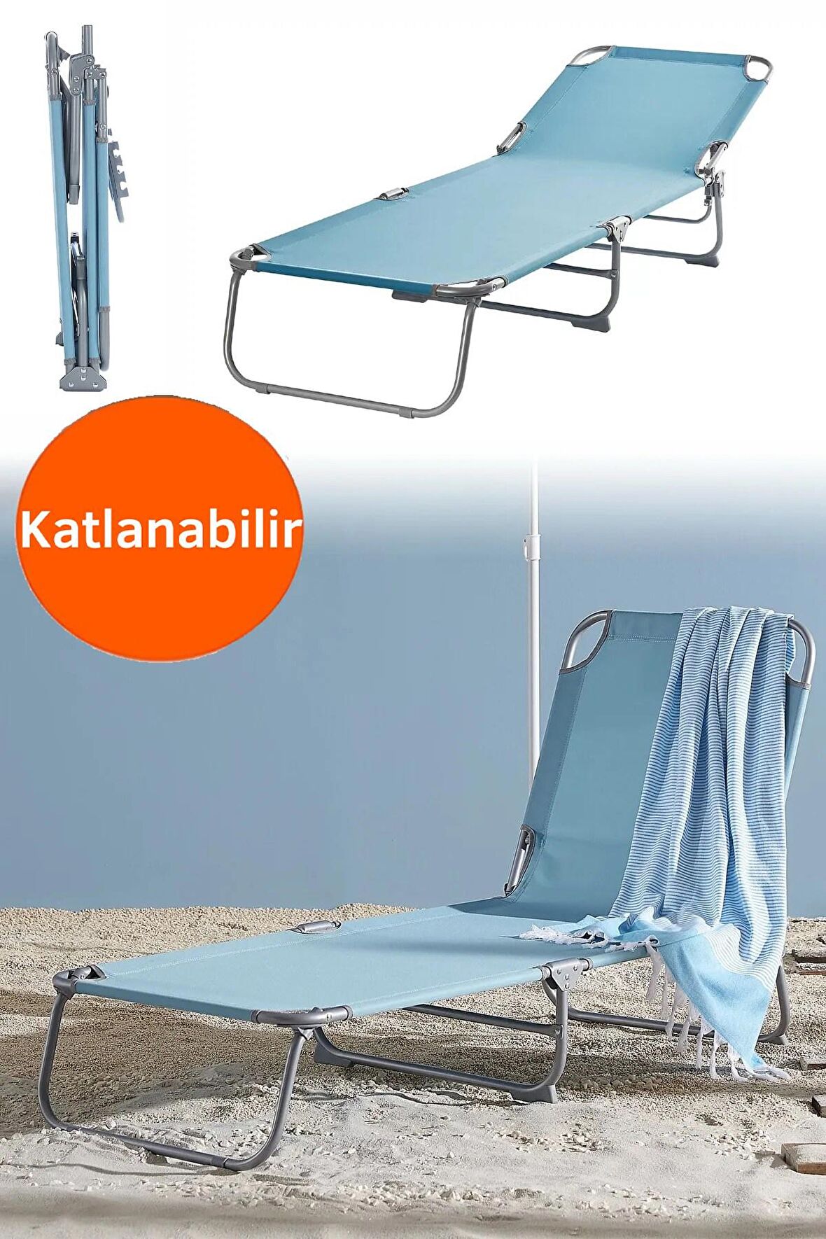  Katlanabilir Şezlong Bahçe & Balkon & Teras & Plaj Şezlongu-Su Mavisi