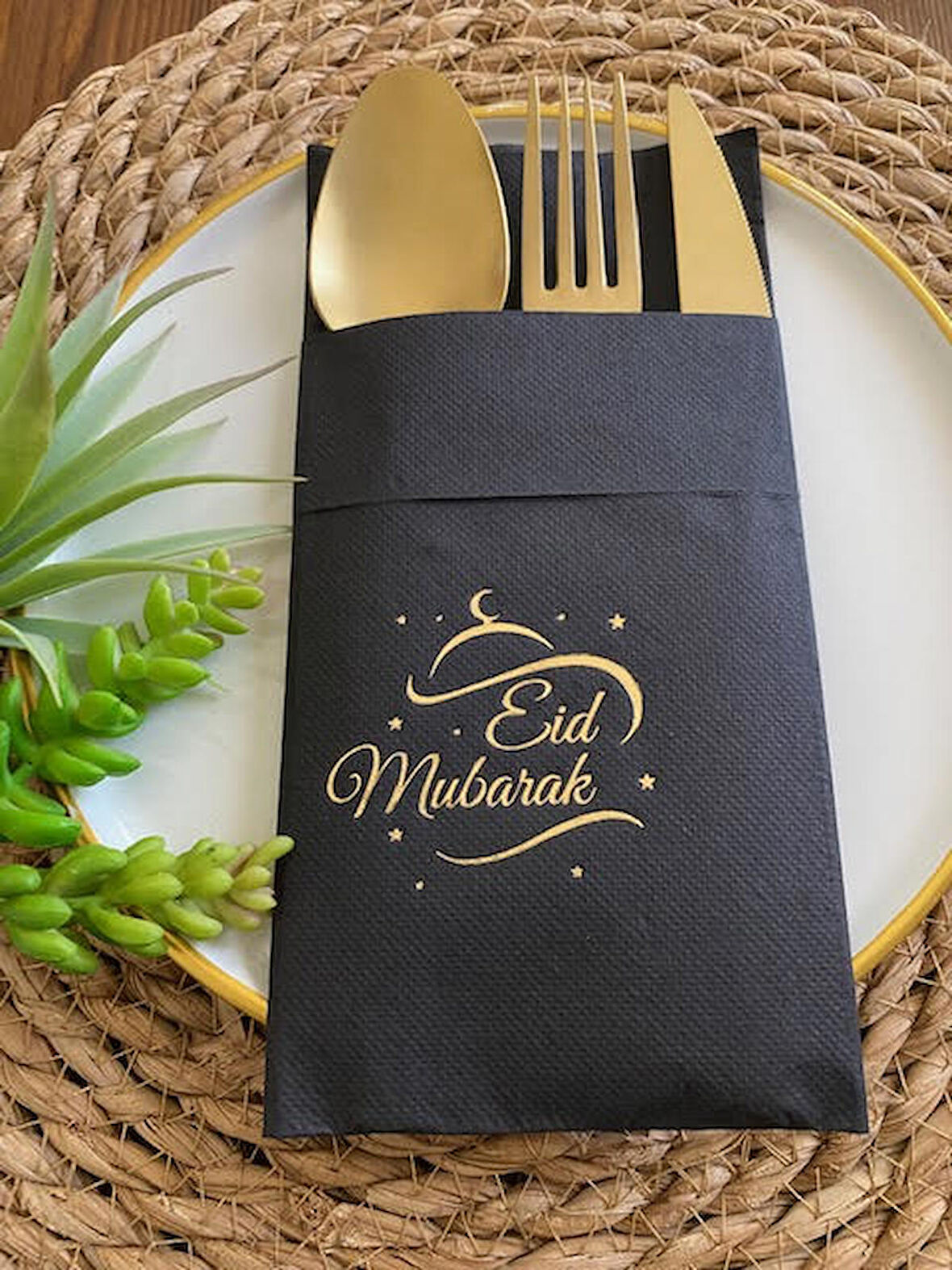 Gold Siyah Cepli Eid Mubarak Peçete 12 Adet 40x40