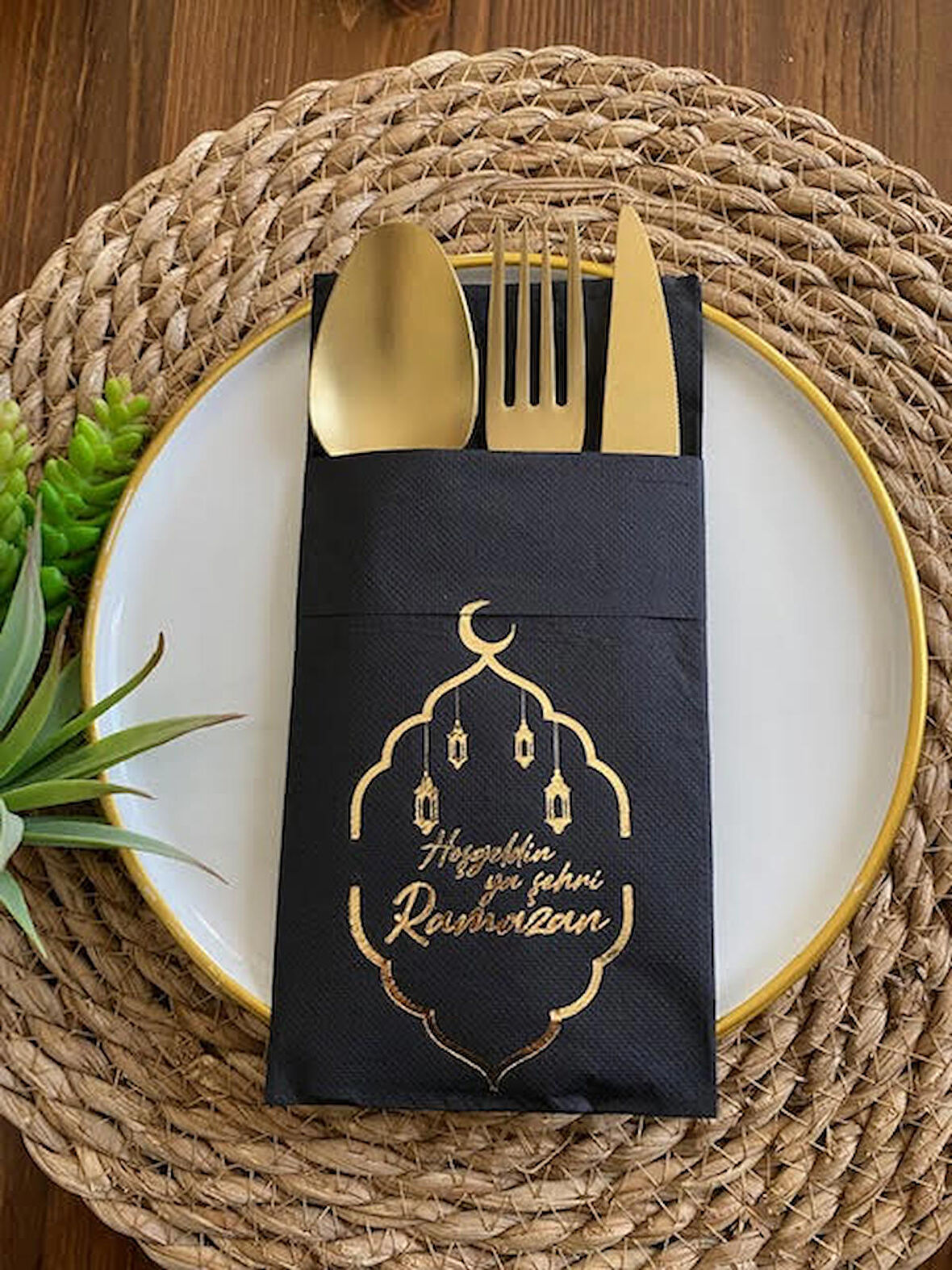 Gold Yaldızlı Siyah Hoş Geldin Ya Şehri Ramazan Cepli Peçete 12 li Yeni Model