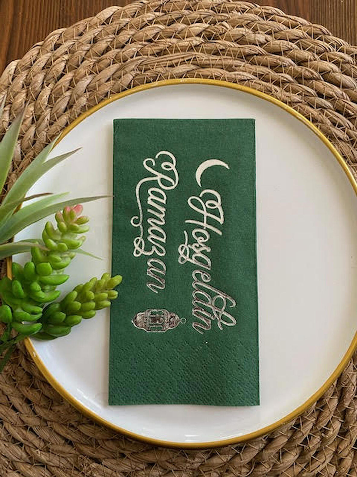 Gümüş Yaldızlı Yeşil Hoş Geldin Ramazan Peçete 16 lı