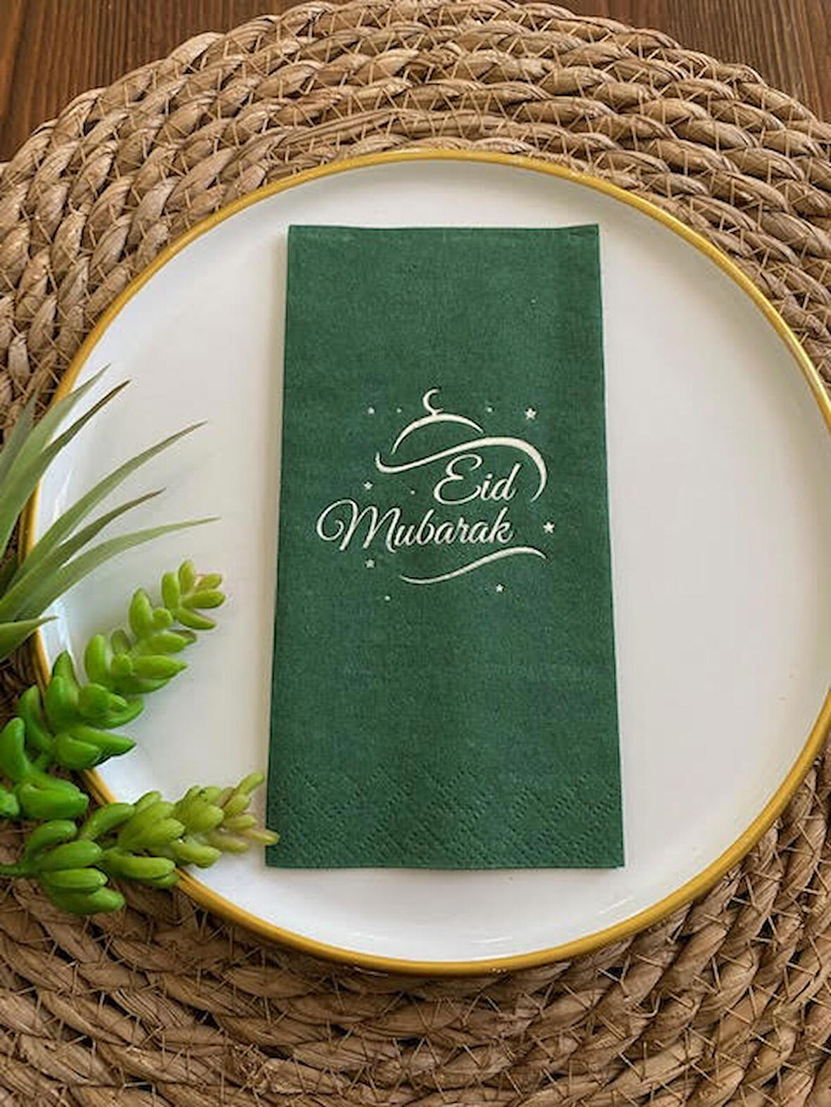 Gümüş Yaldızlı Yeşil Eid Mubarak Peçete 16 Adet