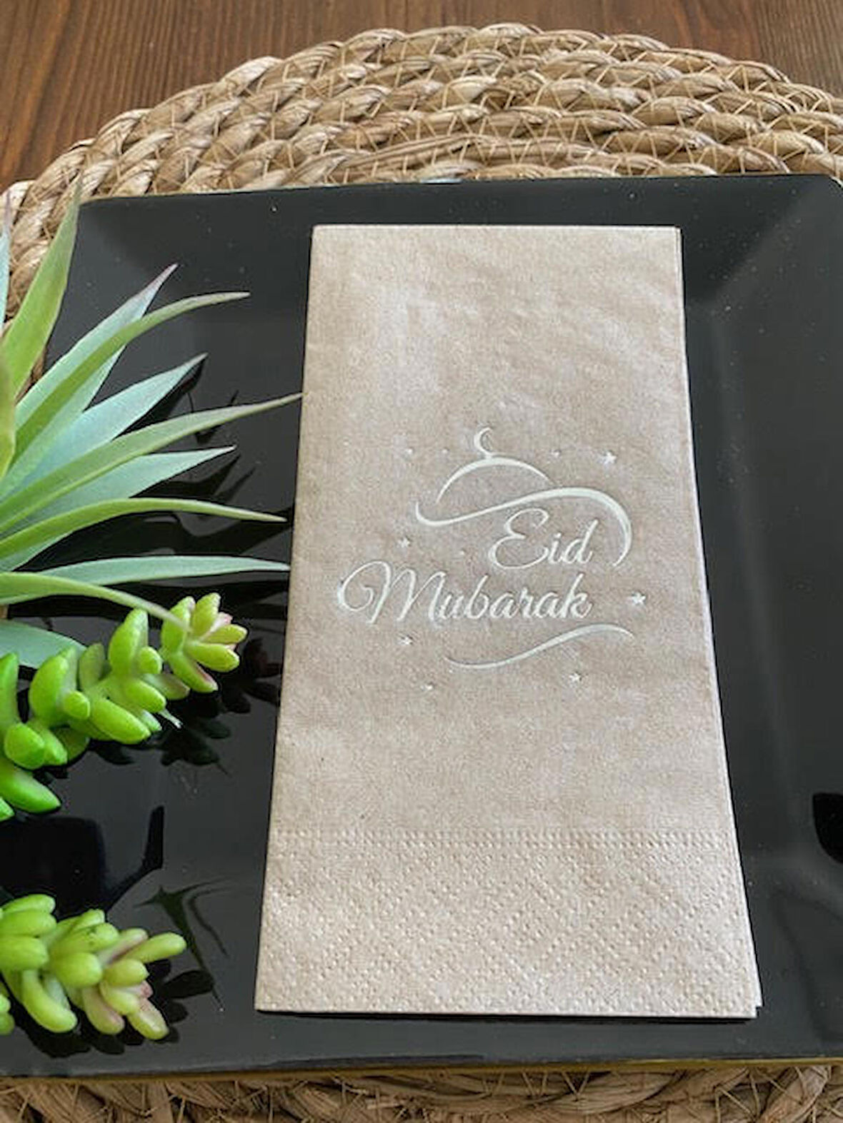 Gümüş Yaldızlı Kraft Eid Mubarak Peçete 16 Adet