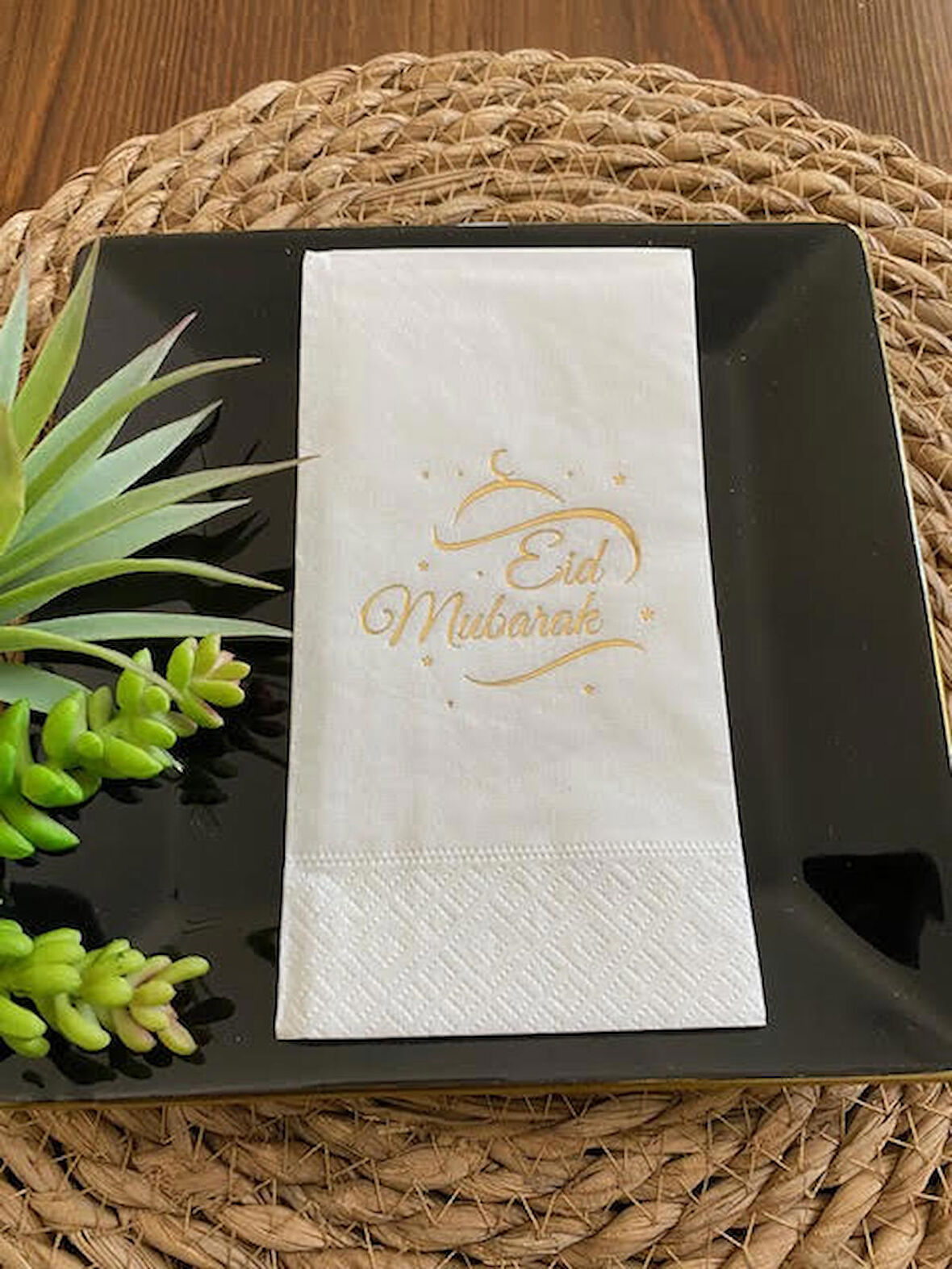 Gold Yaldızlı Beyaz Eid Mubarak Peçete 16 Adet