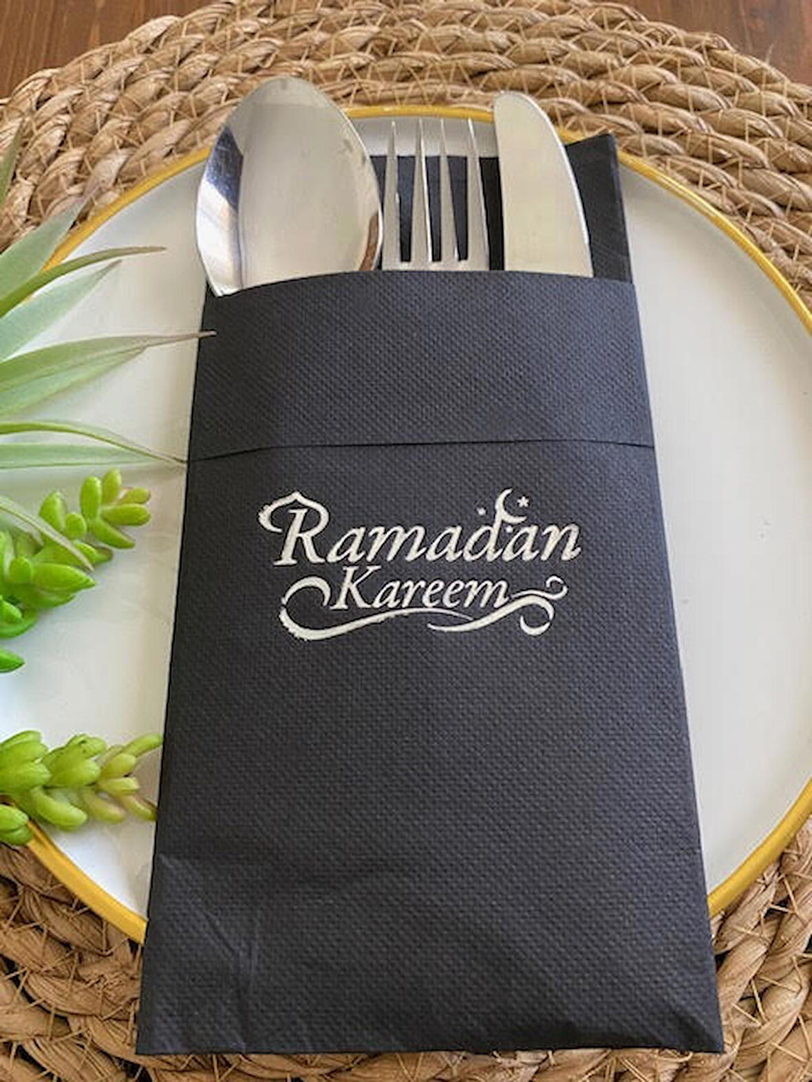 Gümüş Siyah Cepli Ramadan Karem Peçete 12 Adet 40x40 Yeni Model