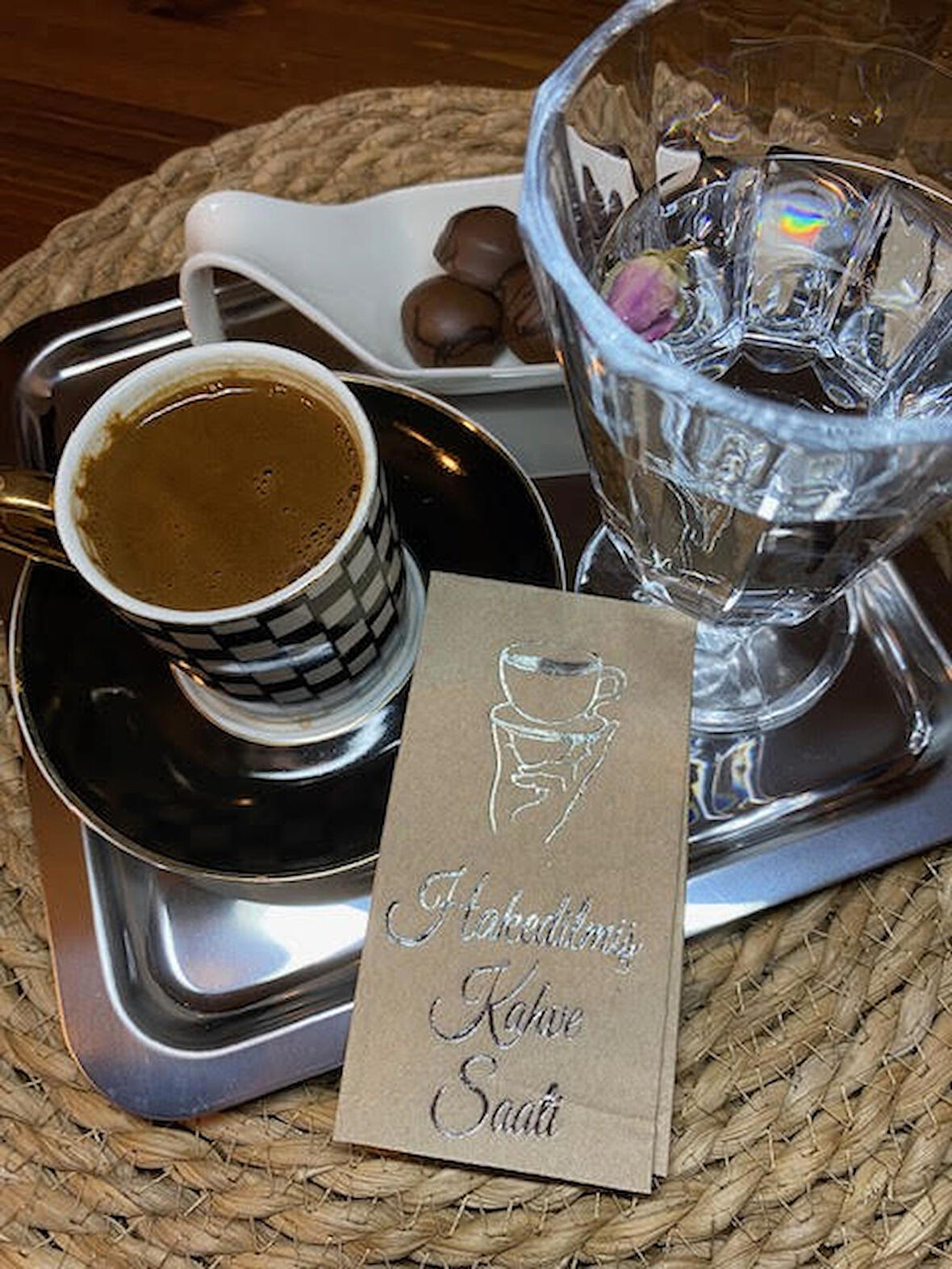 Gümüş Yaldızlı Kraft Hakedilmiş Kahve Saati Peçete 6x12 cm