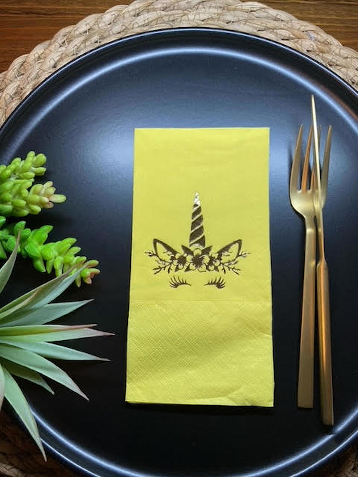 Gold Yaldızlı Sarı Unicorn Garson Katlama Peçete 16 lı