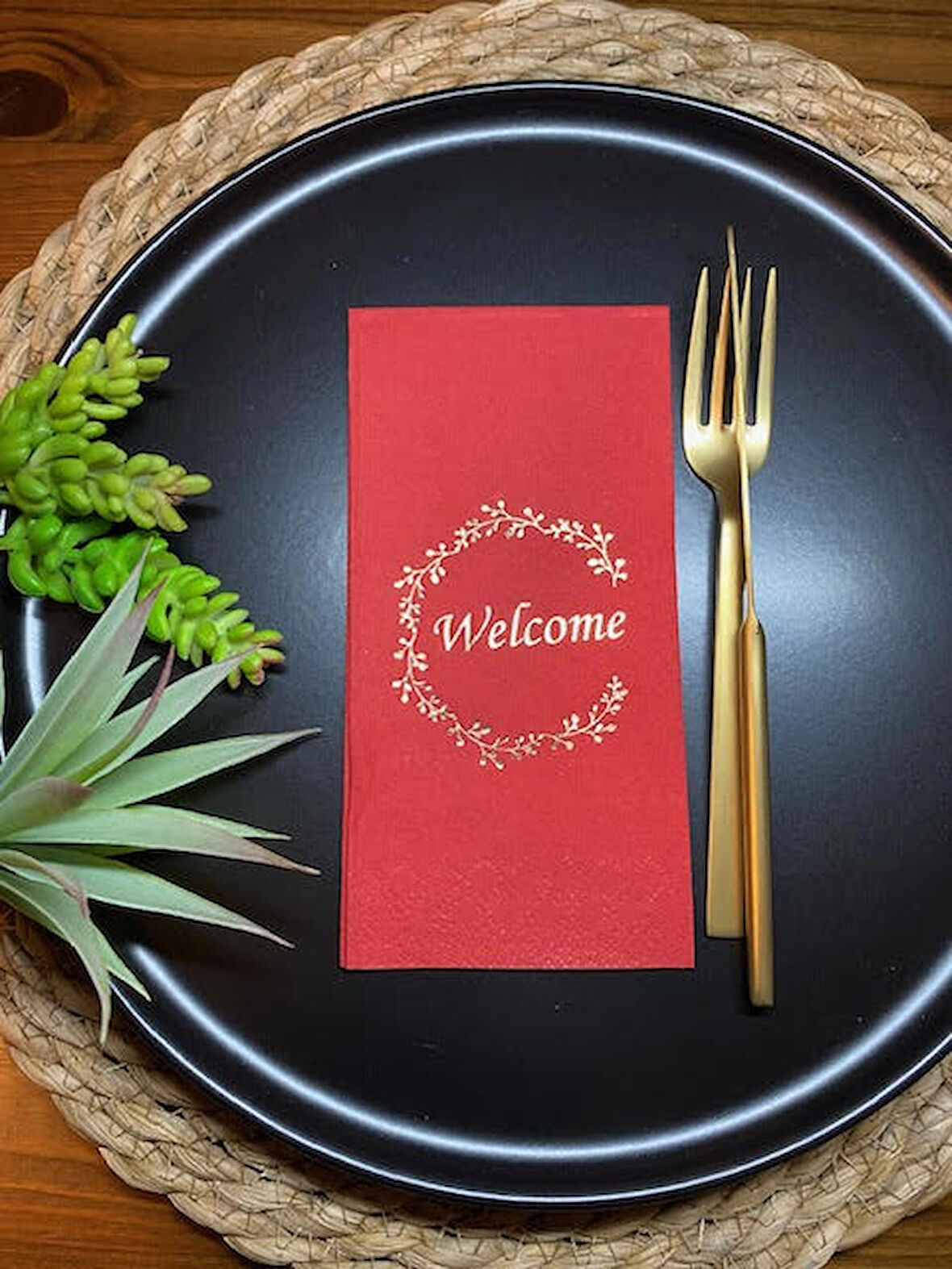 Gold Yaldızlı Kırmızı Welcome Garson Katlama Peçete 16 lı