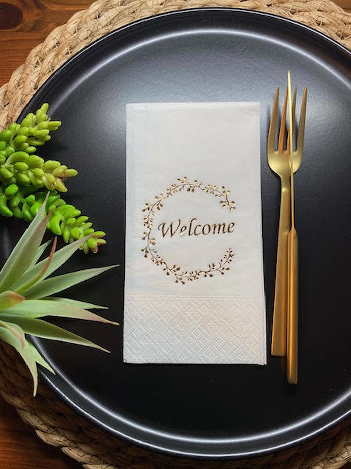 Gold Yaldızlı Beyaz Welcome Garson Katlama Peçete 16 lı