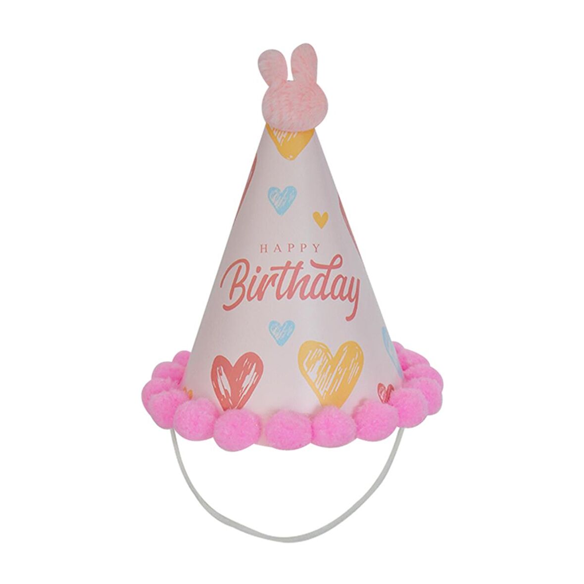 Happy Bırthday Parti Şapka Pembe Ponponlu 18 cm